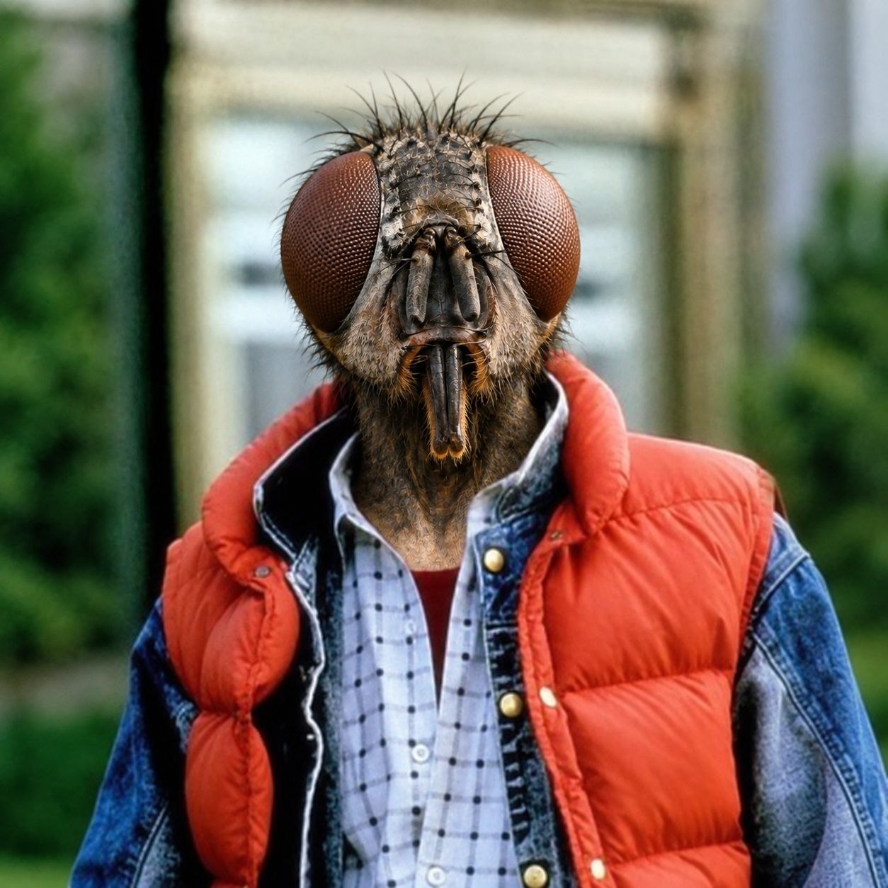 Portrait of Marty McFly with a housefly head, human body in a red vest and denim jacket